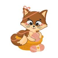 Cute cat character sittting in basket for knitting vector