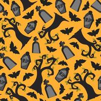 Spooky halloween seamless pattern with tombstones, creepy tree and bats vector