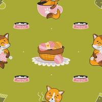 Cute seamless pattern with adorable cat characters knitting and balls of yarn vector