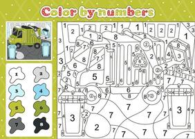 Car themed coloring page by number for kids with cute garbage truck vector