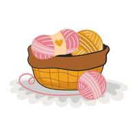 Cute basket with woolen yarn for knitting in cartoon style vector