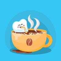 Kawaii cute tooth cartoon character sitting in coffe cup vector