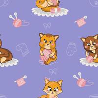 Adorable seamless pattern with cute cats and knitting on light violet background vector