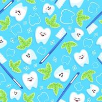 Kawaii seamless pattern with cute tooth character, mint and toothbrush vector