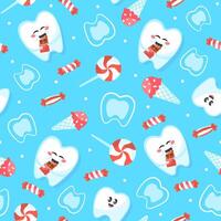 Kawaii seamless pattern with cute tooth character with sugar sweets vector