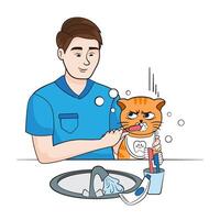 Male veterinarian with cute cat brushing tooth vector