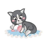 Adorable cat character playing with ball of yarn vector