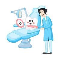 linda kawaii diente personaje sentado en dental silla vector