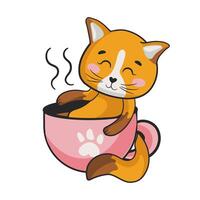 linda gato personaje relajante en taza de café vector