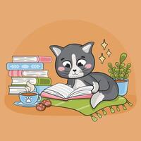 Kawaii cat character reading book, educational concept vector