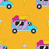 Ice cream truck seamless pattern on yellow background vector