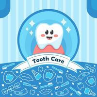 Kids dental care poster design with cute kawaii tooth cartoon character vector
