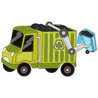 Green garbage truck from side view in cartoon style vector