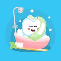 Kawaii cute tooth cartoon character washing in bathroom vector