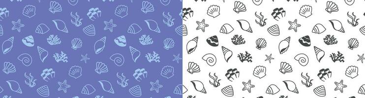 beach shell pattern background, cute clam, starfish and coral reef vector