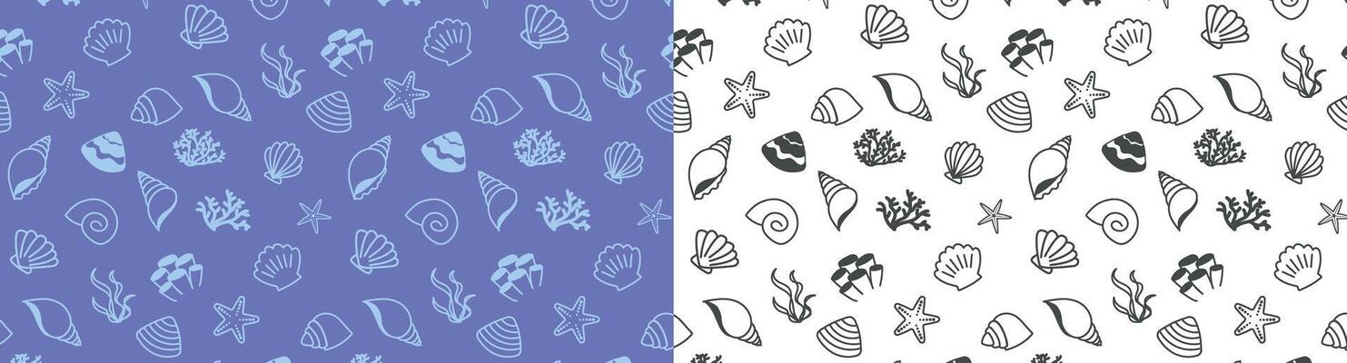 beach shell pattern background, cute clam, starfish and coral reef