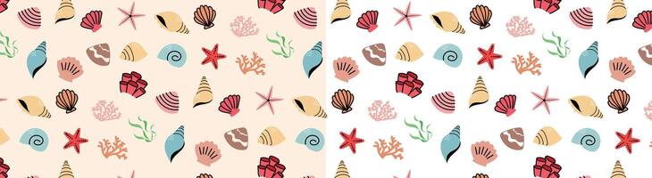 seabeach shell pattern background, cute clam, starfish and coral reef creature pattern vector