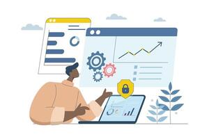 Analyze and verify, Business data analysis and monitoring, Statistics tracking management, Online communication, Businessman checking big data on dashboard or website page, design illustration. vector