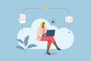 Secure connection, Storage of important data, and cloud technology, Cloud computing services business technology concept, Businesswoman uses laptop to work on the cloud. design illustration. vector