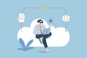 Secure connection, Storage of important data, and cloud technology, Cloud computing services business technology concept, Businessman uses laptop to work on the cloud. design illustration. vector