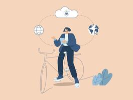 Secure connection, Storage of important data, and cloud technology, Cloud computing services business technology concept, A man riding bicycle using tablet to work. design illustration. vector