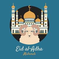 Eid al Adha greeting card with ram on the background of a mosque. Eid Mubarak theme. Islamic and arabic holiday. Flat illustration vector