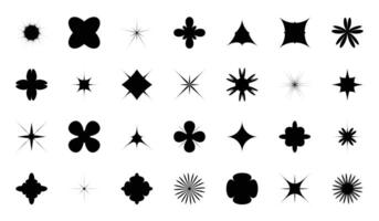 Y2k futuristic Retro sparkle star flowers icons collection. Set of geometric brutalist shapes. Abstract modern black silhouettes of figures. vector