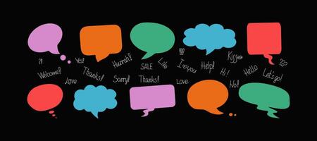 Phrases, conversation, information forms, bubbles. Online chat clouds with various words, comments, information forms. Suitable for illustrating reactions, doodle drawings with text. vector
