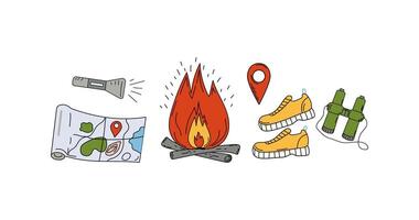 Set of icons Hiking, travel. Sneakers, tourist map, fire, flashlight. Drawing, doodle, graphics, isolated background. vector