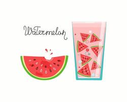 Glass of watermelon juice with ice. Watermelon slices. Summer drink. Calligraphy, inscription. National Watermelon Day, illustration on isolated background. vector