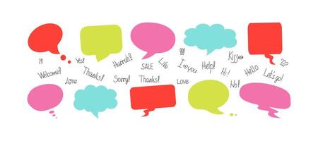 Phrases, conversation bubbles. Online chat clouds with various words, comments, information forms. Suitable for illustrating reactions, drawings with text. vector