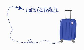 Tourism banner, travel suitcase, hand lettering. Airplane silhouette. Traveling with luggage. Background with place for text. A bag with a handle, wheels and a retractable handle for travel. vector