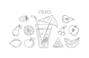 Juice in glass, fruit cocktail. Set of abstract fruits. Juicy fruits whole and slices. Food and drinks. Abstract drawings of fruits and berries. Beach bar. Line icons. Scribble. vector
