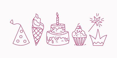 Food sweet, dessert. Birthday. Cake with candle, ice cream. Set of cute icons, cartoon holiday attributes. Drawing, doodles, sketch. vector