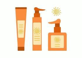 Tubes of sunscreen. Set sunscreens. Skin care, protection. Use sunscreen cosmetics. Moisturizes and protects the skin from solar ultraviolet radiation, white isolated background. vector