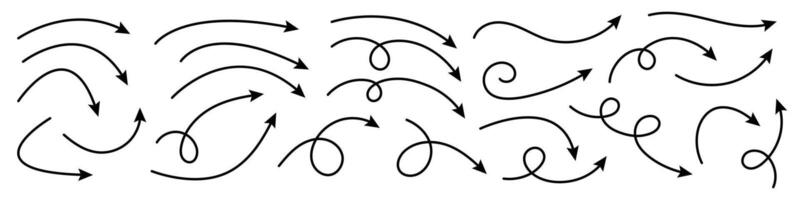 Collection of curved arrows. Set simple curved hand drawn arrows. Collection of pointers. vector