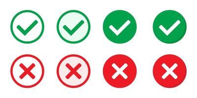 Right or wrong icons. Green tick and red cross checkmarks. Yes or no symbol, approved or rejected icon for user interface. vector