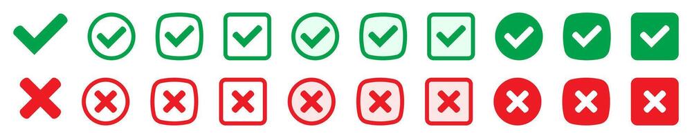 Right or wrong icons. Green tick and red cross checkmarks. Yes or no symbol, approved or rejected icon for user interface. vector