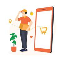 Delivery man come out from smartphone and delivering package from online store vector