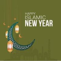 Happy Islamic New Year 1441 background design with traditional lantern lamp and great mosque illustration for muslim community event. eps 10 vector