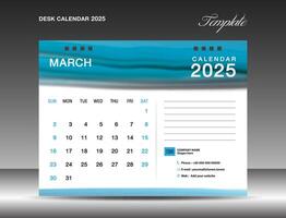 Desk calender 2025 - March 2025 template, Calendar 2025 design template, planner, simple, Wall calendar design, week starts on sunday, printing, advertiement, Blue watercolor background, vector