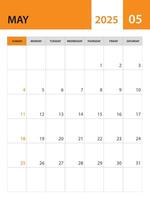 May 2025 template, Calendar 2025 template , planner monthly design, desk calendar 2025, wall calendar design, minimal style, advertisement, poster, orange printing media, simple vector