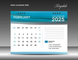 Desk calender 2025 - February 2025 template, Calendar 2025 design template, planner, simple, Wall calendar design, week starts on sunday, printing, advertiement, Blue watercolor background, vector
