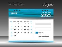 Desk calender 2025 - June 2025 template, Calendar 2025 design template, planner, simple, Wall calendar design, week starts on sunday, printing, advertiement, Blue watercolor background, vector