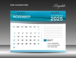 Desk calender 2025 - November 2025 template, Calendar 2025 design template, planner, simple, Wall calendar design, week starts on sunday, printing, advertiement, Blue watercolor background, vector