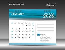 Desk calender 2025 - January 2025 template, Calendar 2025 design template, planner, simple, Wall calendar design, week starts on sunday, printing, advertiement, Blue watercolor background, vector
