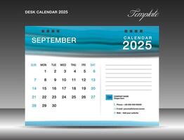 Desk calender 2025 - September 2025 template, Calendar 2025 design template, planner, simple, Wall calendar design, week starts on sunday, printing, advertiement, Blue watercolor background, vector