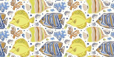 Pattern with aquariumhand fish. Yellow, blue, beige colors. For design of postcards, invitations, textiles, wrapping paper vector