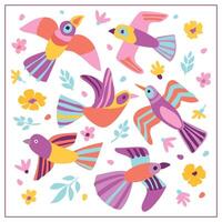 un conjunto de ilustraciones con aves y flores, hojas. sencillo formularios vector