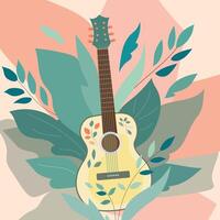 Artistic illustration with a six-string pink guitar on a spring background with leaves. vector